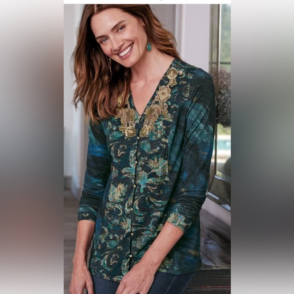 NWT Soft Surroundings Del Bosque Starry Night Tunic Top Gold Beaded Sequins - Picture 2 of 6